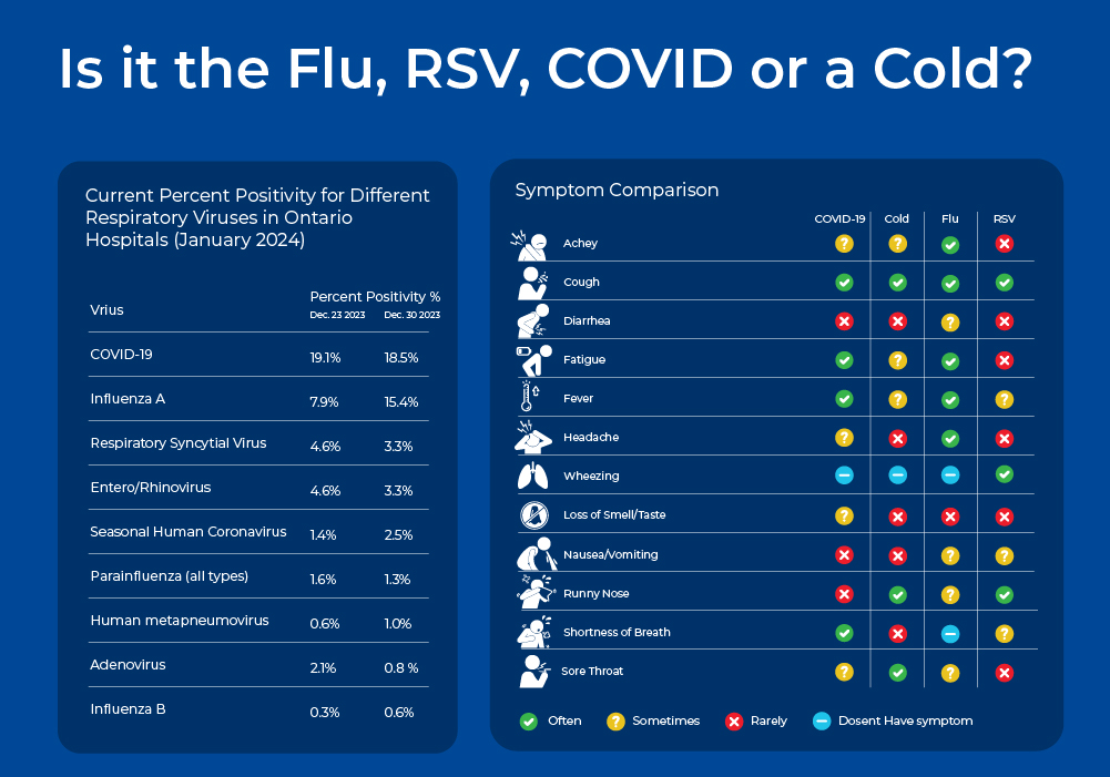 Figure comparing symptoms of COVID-19, common cold, the flu, and RSV